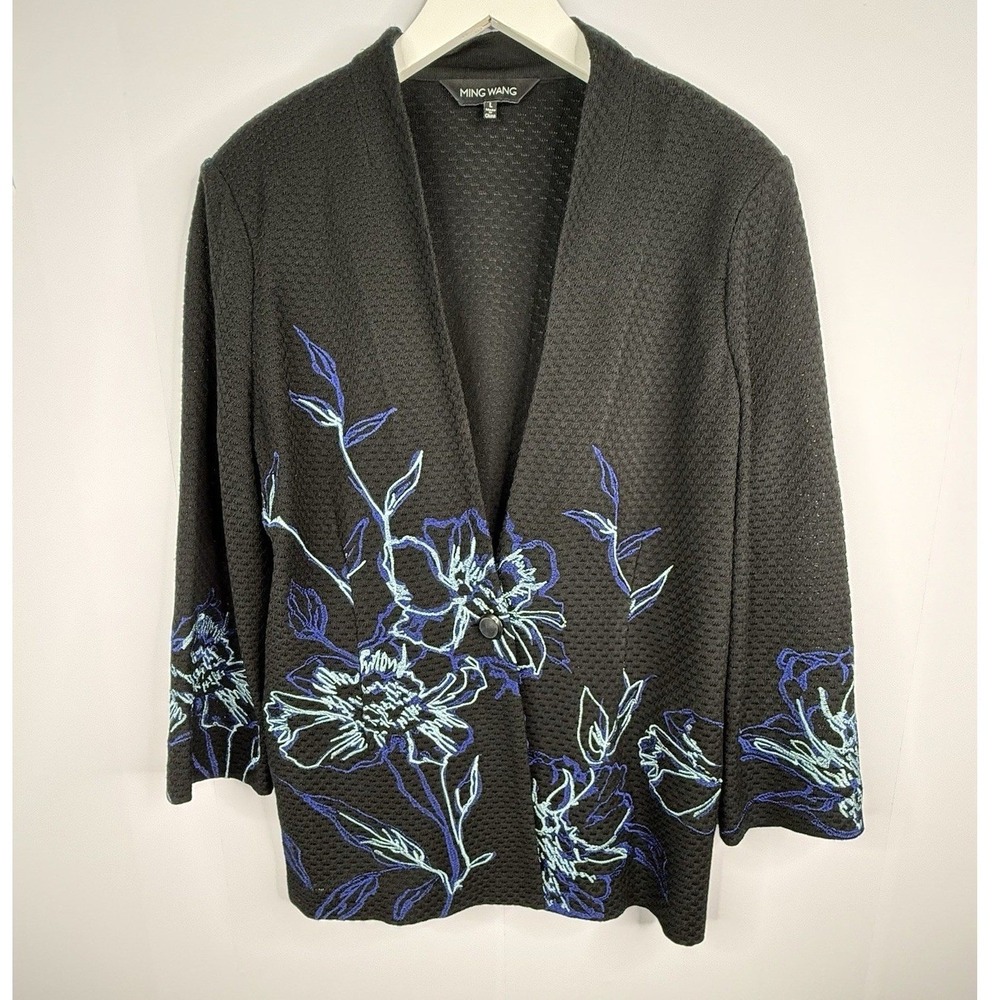 Ming Wang Womens L Knit Cardigan Blazer Jacket Black Floral Wearable Art Modern